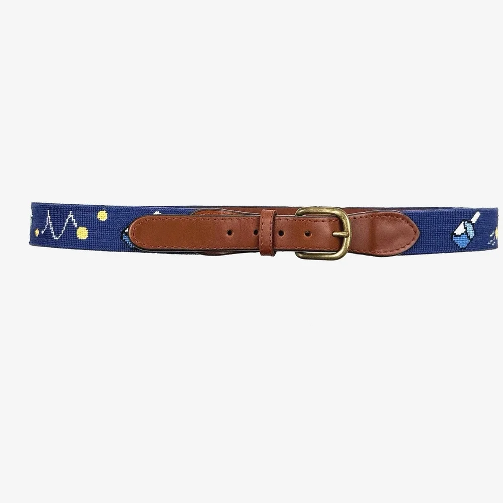 Smathers & Branson Brown Leather Belt Mens 36 Blue Wacky Pickleball Needlepoint